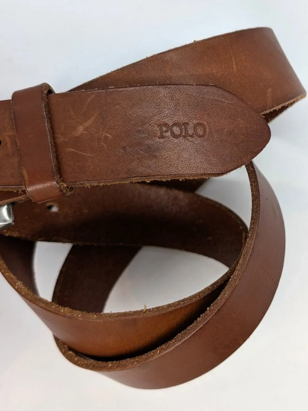 Polo Ralph Lauren Belt Mens Size 42 Brown Leather Silvertone Brass Buckle Logo